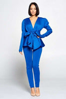 Long Sleeve Deep V Neckline Top With Waist Tie To Make A Bow Detail Paired With Elastic Waist Pants