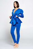 Long Sleeve Deep V Neckline Top With Waist Tie To Make A Bow Detail Paired With Elastic Waist Pants