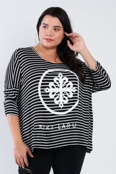 Plus Size Black White Stripe Scoop Neck Relaxed Fit Top