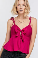 Cutout Detail Ruched Twist Bow Sweetheart Neckline Smocked Back Ribbon Tie Spaghetti Strap Cami Top